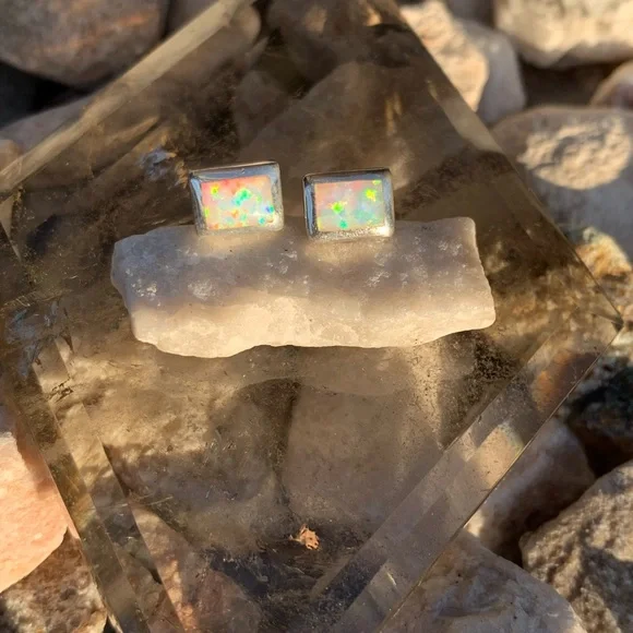 Opal Sterling Silver Stud Earrings - Picture 11 of 13